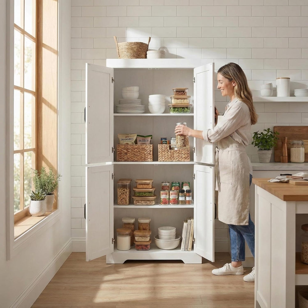 Homy Casa Farmhouse Kitchen Pantry Storage Cabinet, White Barn Door, 4-Door a...