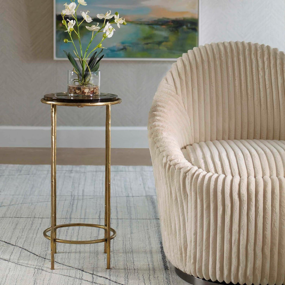 Antique Gold Textured Iron Accent Table with Recycled Glass Top Modern Round ...
