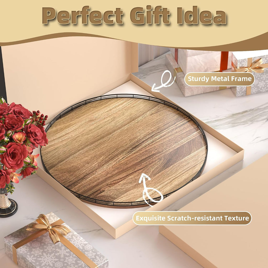 24 Inch Lazy Susan Turntable, Heavy Duty Acacia Wood Round Tray for Kitchen | Easy 360 Degree Spin; Raised Iron Rim; 3 Anti Slip Pads; No Assembly; Farmhouse Decor; Pantry, Cabinet, Gift Box