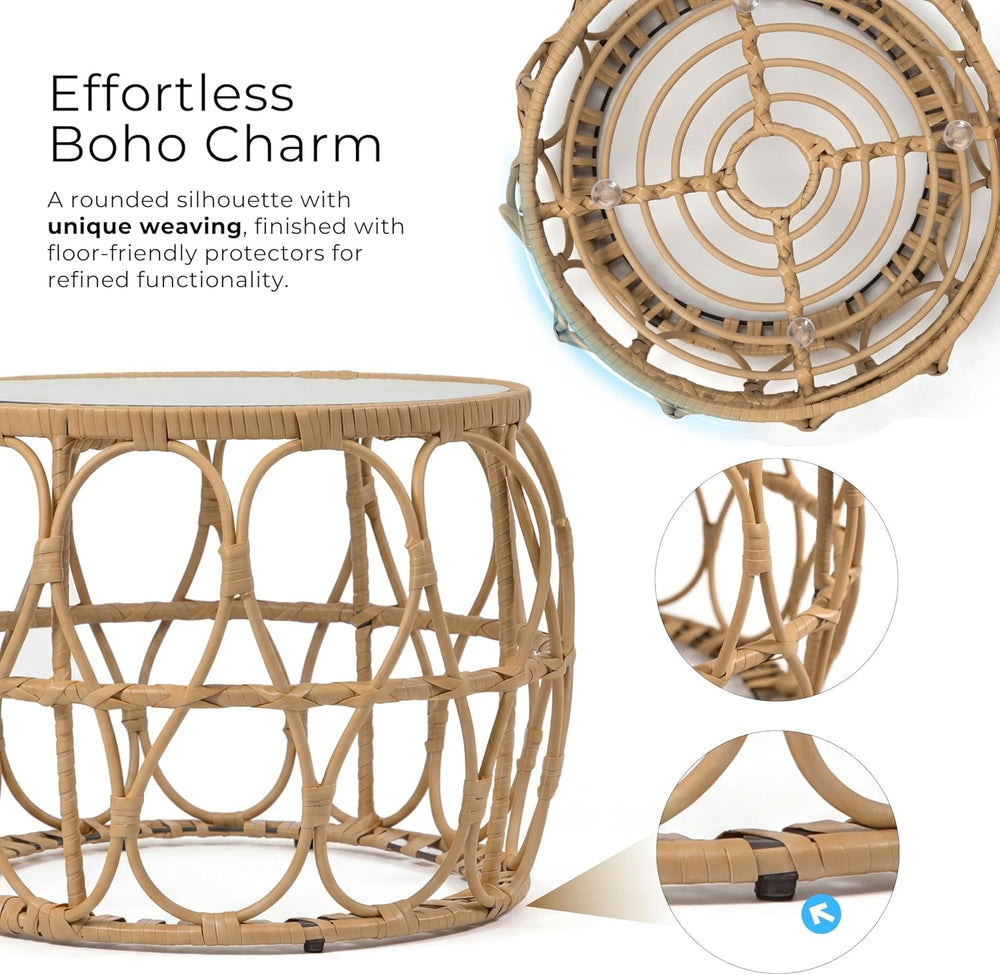 Furniture of America Ysar Boho Rattan Round Coffee Table Outdoor with 5mm Tem...