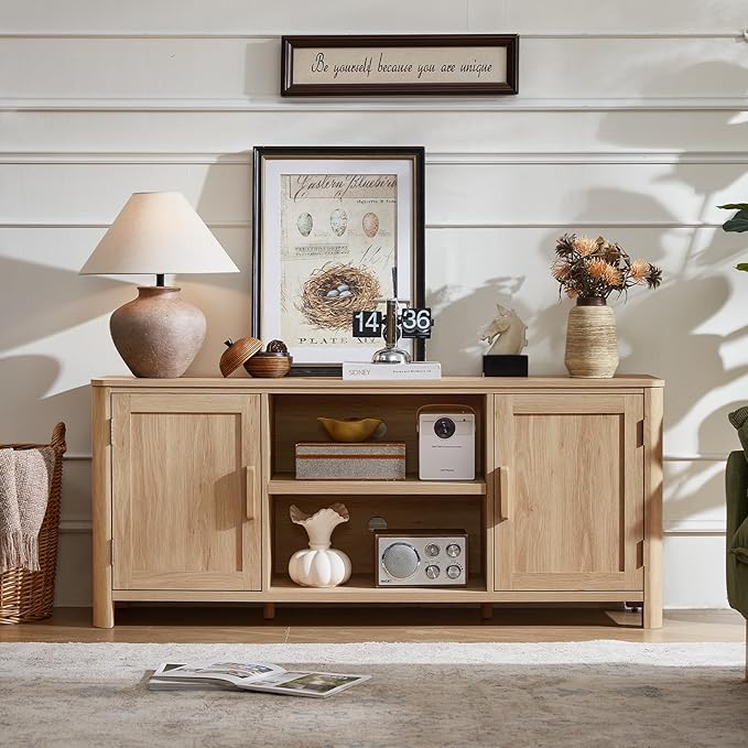 Farmhouse 55" Entertainment Center, Natural Oak Tv Stand with Adjustable Shelves & 2 Door Storage,Wood Media Console Cabinet for TVs Up to 65 inches, Rustic Tv Stands for Living Room,Bedroom
