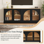 Farmhouse TV Stand with Adjustable Shelves for TVs up to 70'', Entertainment Center with Semi-Arched Glass Doors, Wood Grain Sideboard with Cable Management for Living Room, Black