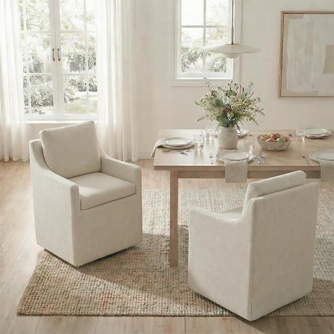Upholstered Dining Chairs Set of 4, Modern Dining Room Chairs with Casters & Washable Cover, Rolling Accent Chair with Hidden Storage for Kitchen, Farmhouse, Living Room, Beige, 4 Box