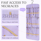 2 Pack Hanging Jewelry Organizer Storage with 39 Pockets, 30 Necklace Hooks Double Sided Wall Mount Earring Holder Organizer Bracelet Necklace Jewelry Display Hanger for Closet Door (Purple)