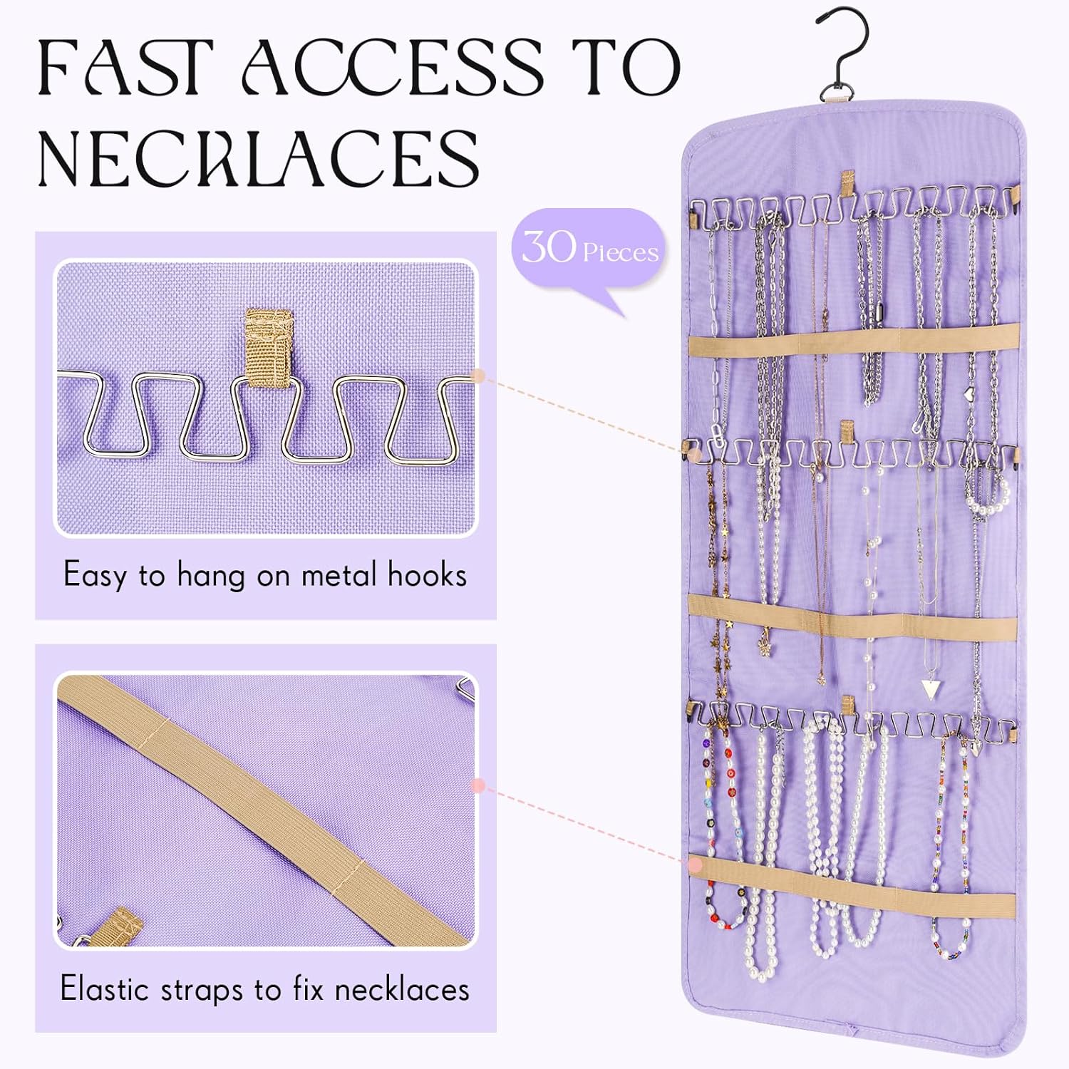 2 Pack Hanging Jewelry Organizer Storage with 39 Pockets, 30 Necklace Hooks Double Sided Wall Mount Earring Holder Organizer Bracelet Necklace Jewelry Display Hanger for Closet Door (Purple)