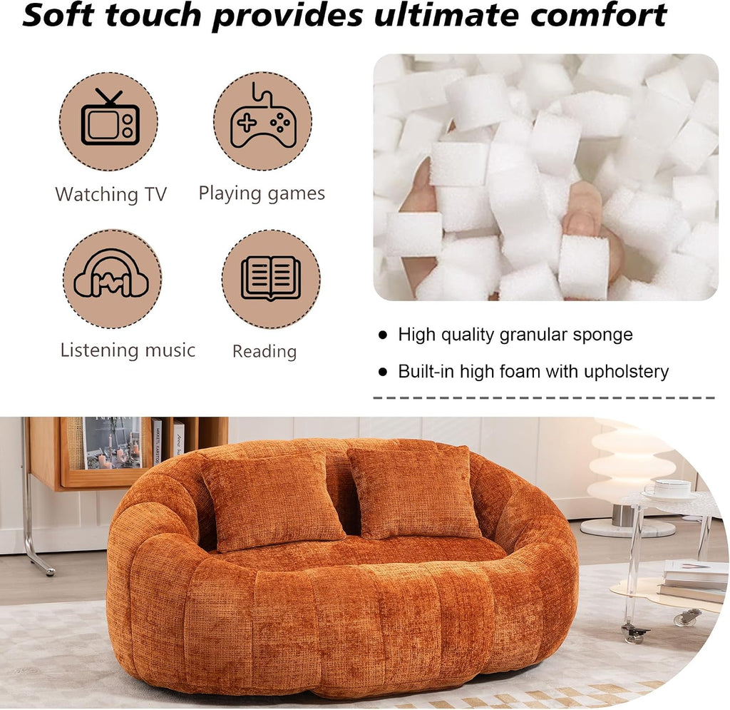 QQU Giant Bean Bag Chairs for Adult and Kids with 2 Pillows, 2-Seat Bean Bag Sofa with Armrest and Back, Chenille Loveseat Filling high -Density Foam, Large Lazy Sofa for Living Room, Bedroom,Orange