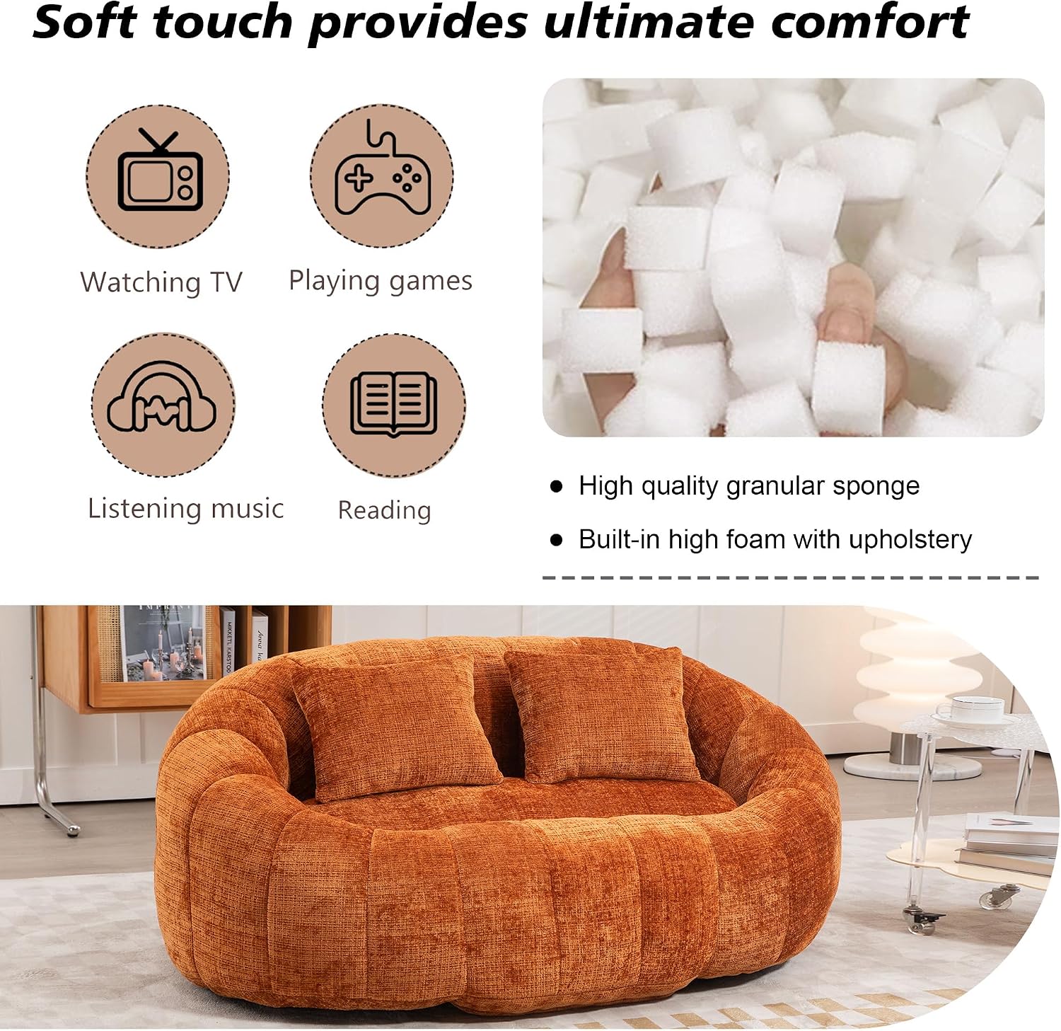 QQU Giant Bean Bag Chairs for Adult and Kids with 2 Pillows, 2-Seat Bean Bag Sofa with Armrest and Back, Chenille Loveseat Filling high -Density Foam, Large Lazy Sofa for Living Room, Bedroom,Orange