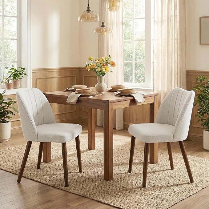 Wooden Dining Chairs Set of 4, Dining Room Chairs with Wood Legs, Upholstered Dining Chairs Modern Fabric Kitchen Chairs with Back for Kitchen/Living Room/Restaurant, Tool-Free Assembly, White