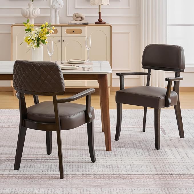 PU Leather Dining Chairs with Arms Set of 6, Upholstered Dining Room Chairs with Hardwood Legs & Open Curved Backrest,Modern Accent Kitchen Chairs 350 LBS Capacity, Brown