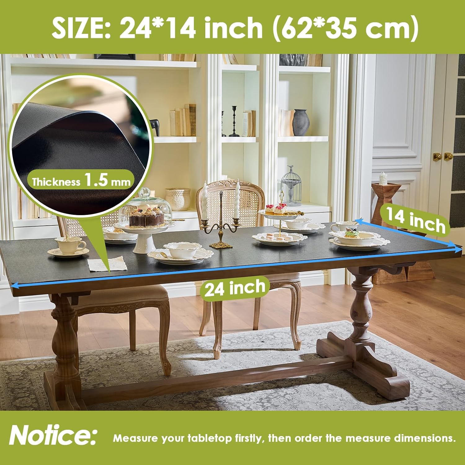 Black Table Cover Protector 24x14 Inch, 1.5mm Thick Heavy Duty PVC Table Pad, Waterproof Desk Mat & Dining Tablecloth, Cut to Fit Protector for Kitchen, Office Desk & Game Night Watch Soccer Party