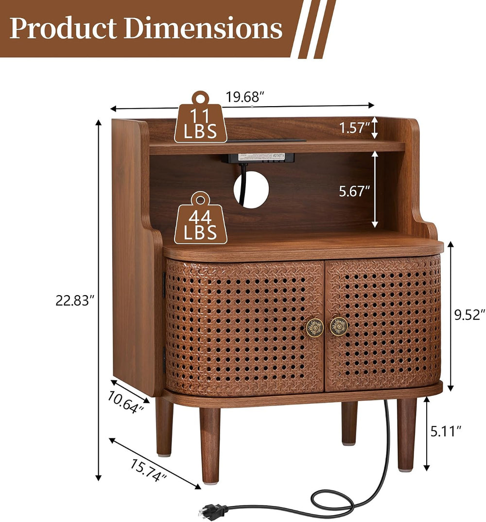 Metal Rattan End Table with Charging Station, Mid Century Modern Nightstand w...