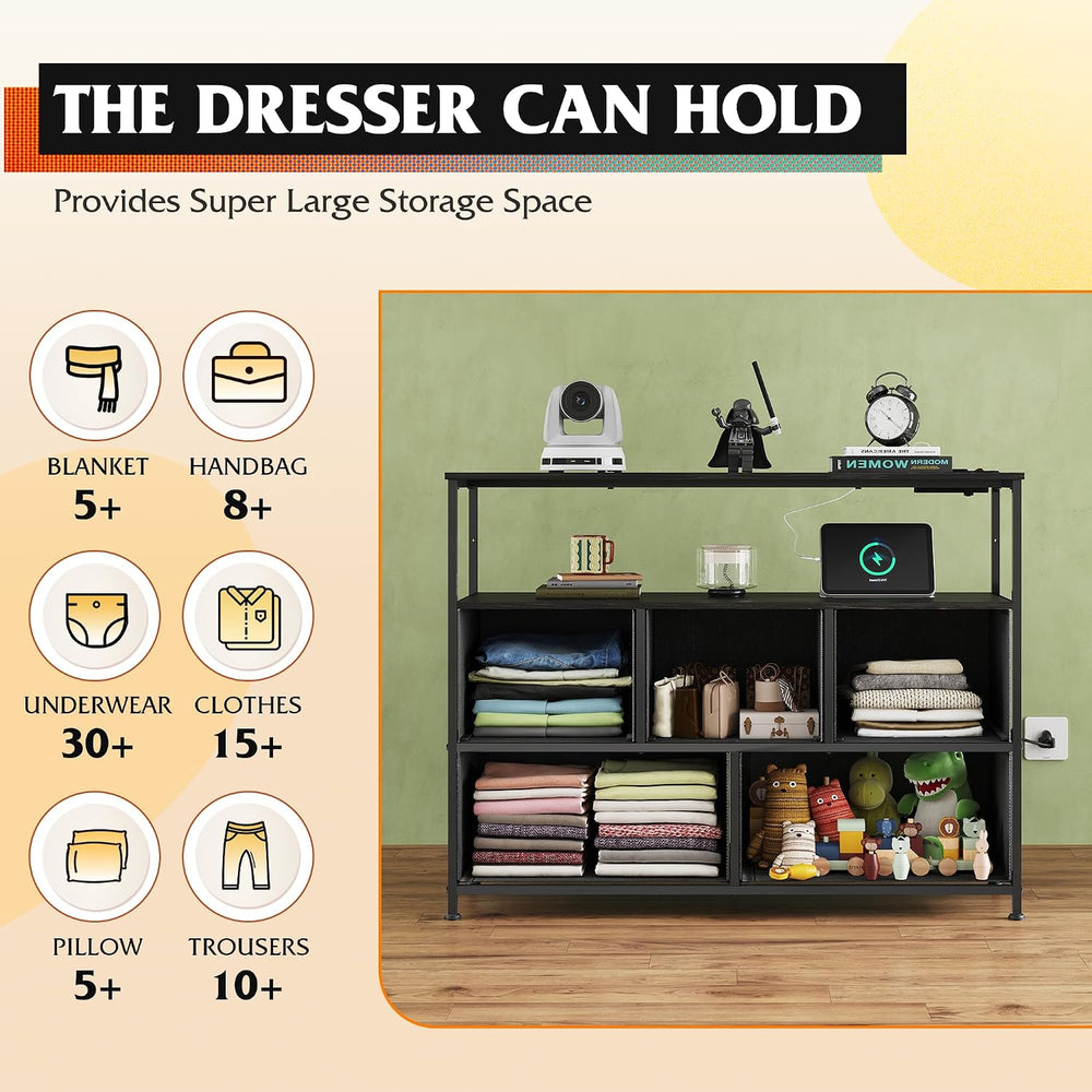 WLIVE 5 Drawer Fabric Dresser Charging Station Bedroom Chest, Black