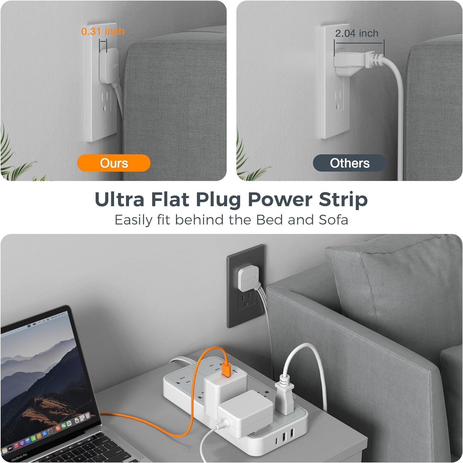 TESSAN Power Strip Surge Protector, Flat Plug Extension Cord with 8 Outlets 3 USB Charger(1 USB C), 1080 Joules Protection, Wall Mountable Charging Station for Home Office School Dorm Room Essentials