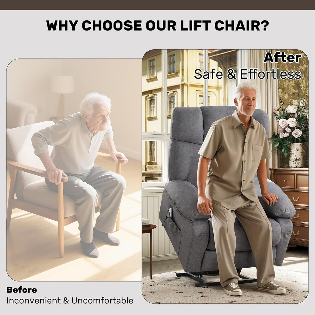 jonpony Power Lift Recliner Chair for Elderly, Big and Tall Lift Chair with Massage and Heat for Living Room, Fabric Electric Recliner Chairs with Side Pocket, USB Charge Port Grey