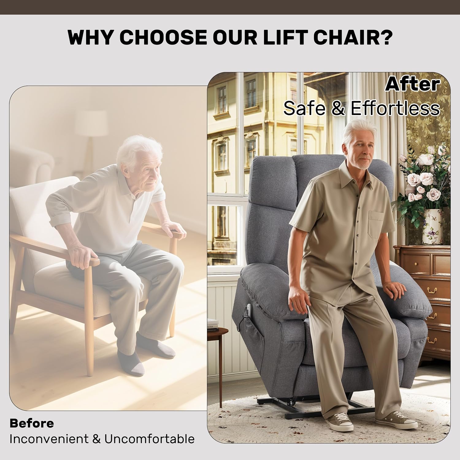 jonpony Power Lift Recliner Chair for Elderly, Big and Tall Lift Chair with Massage and Heat for Living Room, Fabric Electric Recliner Chairs with Side Pocket, USB Charge Port Grey