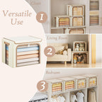 Yecaye Clothes Storage Bins with Metal Frame, Foldable Clothing Storage Bin with Lid, Stackable Oxford Fabric Organizer Box With Clear Window & Zippers & PU Leather Handles (3 Pack,Beige,40L)