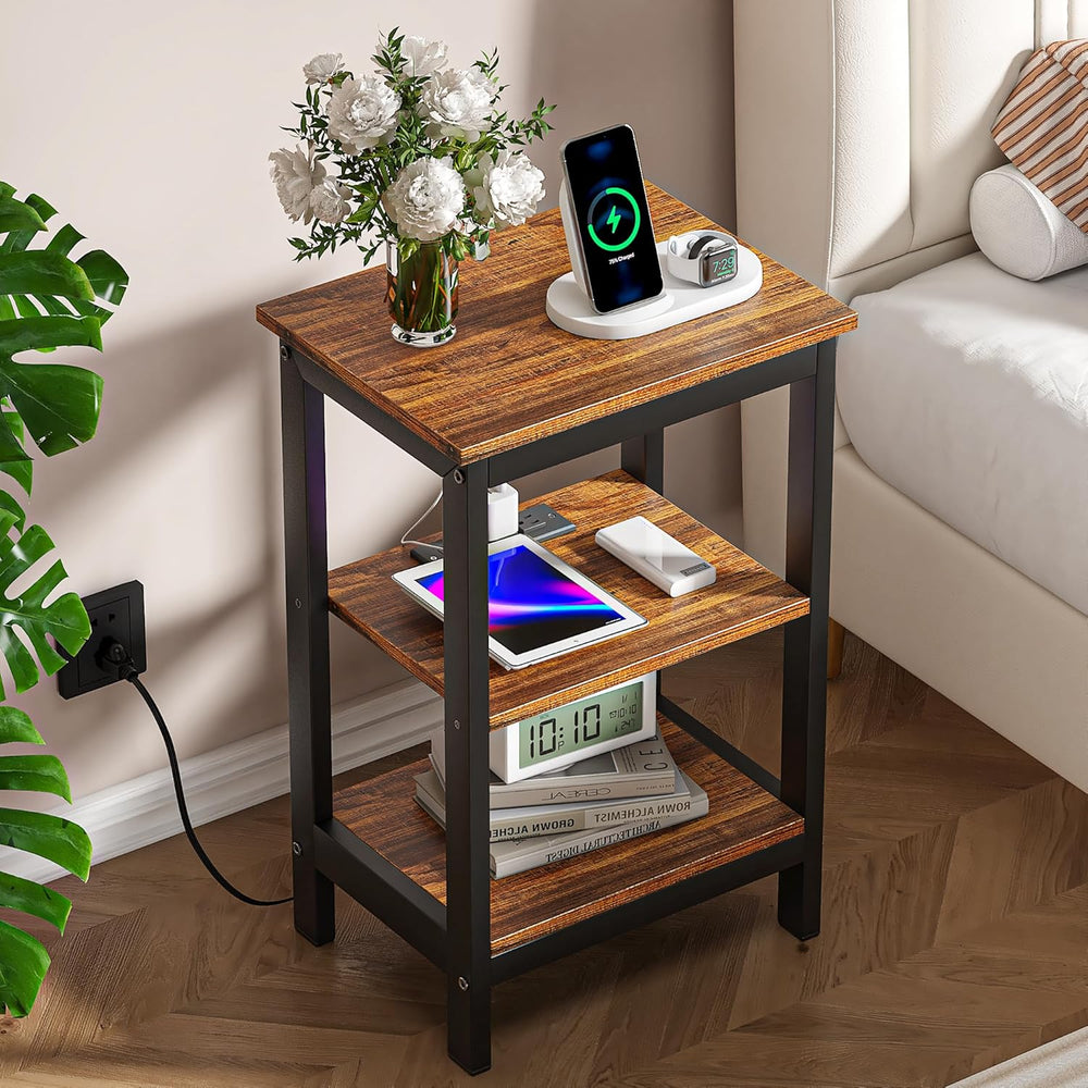 VECELO End Table with Charging Station and USB Ports, Small Wood Nightstand M...
