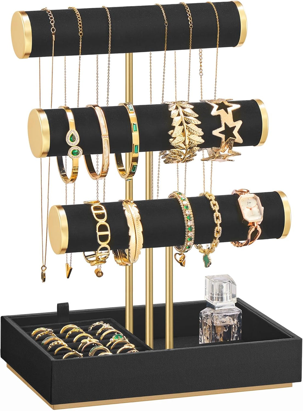 SONGMICS Bracelet Holder Stand, Jewelry Display Stand, Jewelry Organizer, with 3 Tiers and Velvet Tray, Removable Ring Holder, Christmas Gift, Ink Black UJJS027B01