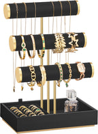 SONGMICS Bracelet Holder Stand, Jewelry Display Stand, Jewelry Organizer, with 3 Tiers and Velvet Tray, Removable Ring Holder, Christmas Gift, Ink Black UJJS027B01