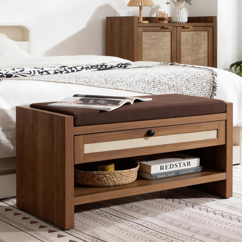 VipDesk Rattan Shoe Bench with Storage Drawer and Cushion Seat, Walnut Wood E...