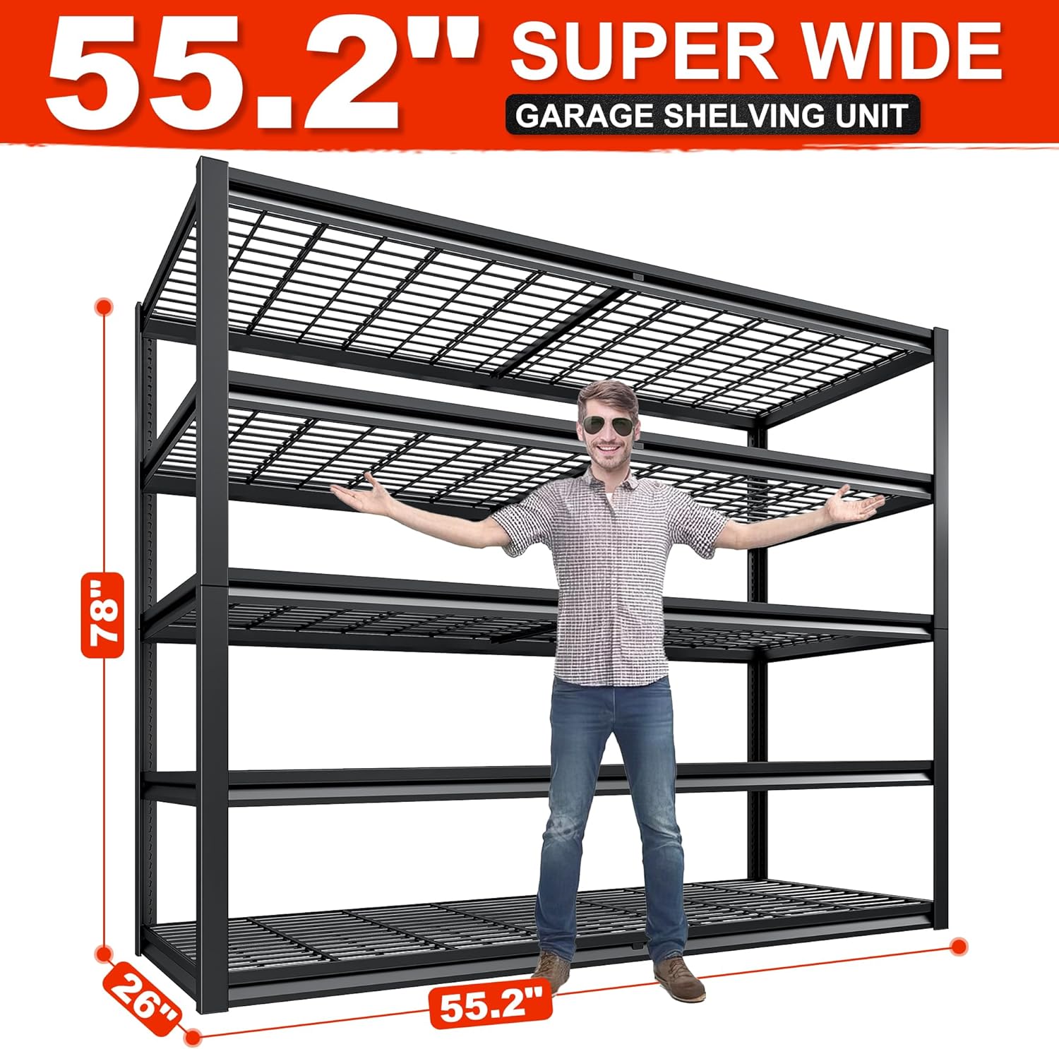 REIBII 78" H Garage Shelving, 5 Tier Storage Shelves Heavy Duty, 3000LBS Industrial Shelf, Adjustable Metal Shelving for Garage, Warehouse, School, Commercial, Business, 55.2" W x 78" H x 26" D