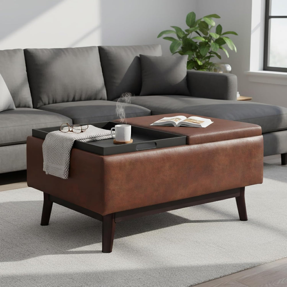 SIMPLIHOME Owen 34" Vegan Leather Storage Ottoman in Distressed Pecan Brown