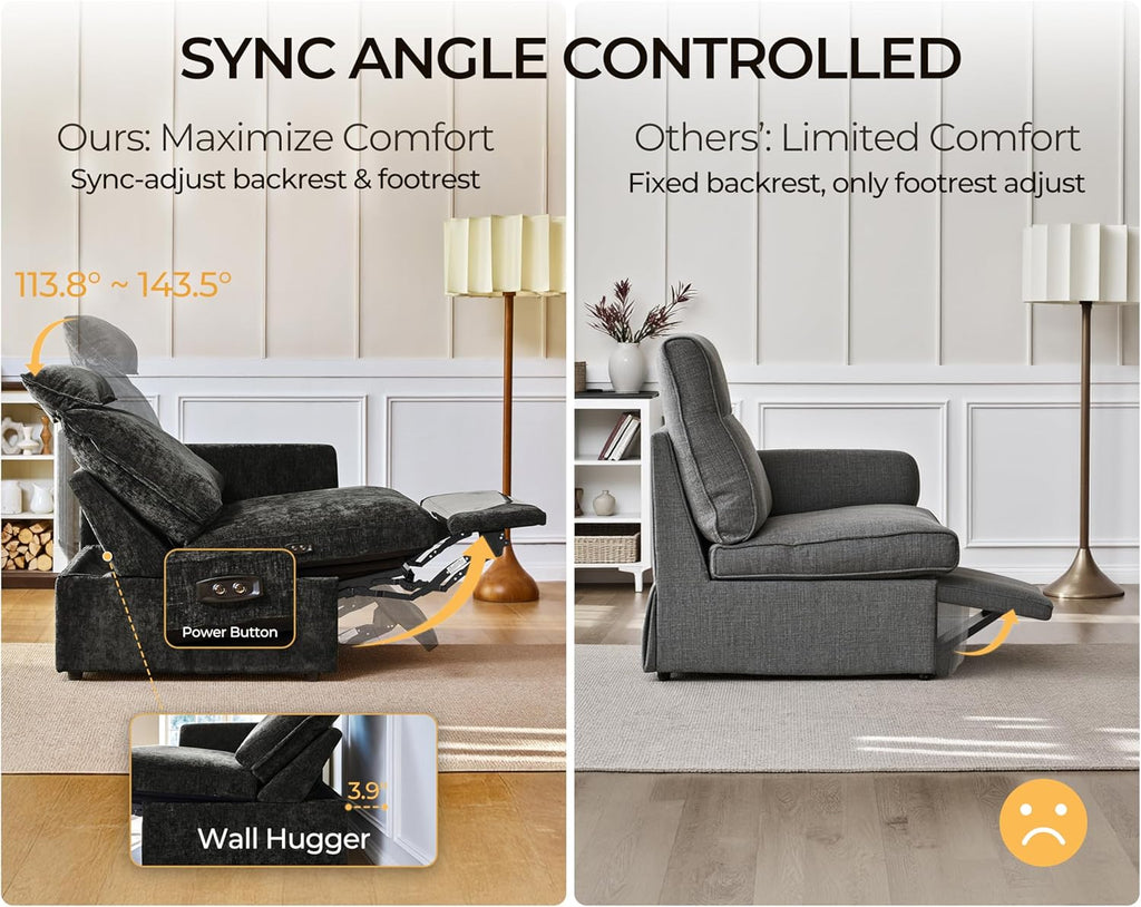 124.8'' Oversized Power Recliner Sofa with Headrest, Extra Wide Deep Modular Cloud Sectional Reclining Couch Wall Hugger, Convertible 3-Seater for RV Home Theater Living Room, Chenille, Black
