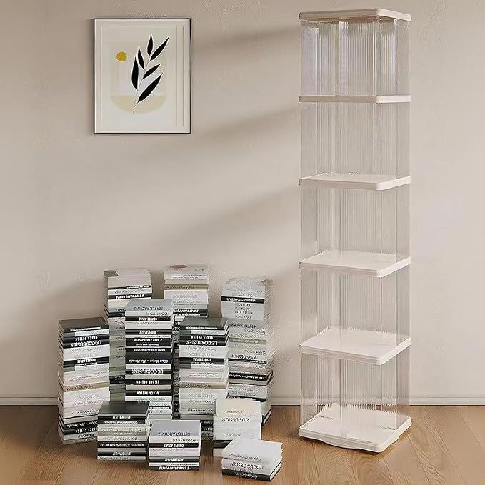 Rotating Bookshelf Tower, 360-Degree rotating bookshelves , Small-Space Corner Spinning Bookshelf , Revolving Bookcase Suitable for Bedrooms, Living Rooms, Studies and Offices (Rectangular，White）