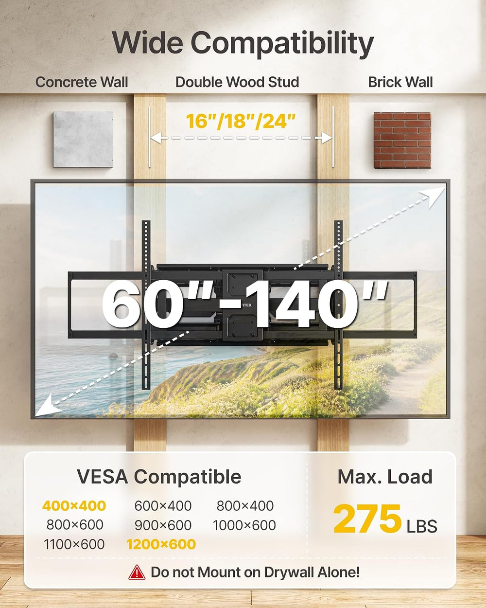 monTEK Heavy Duty TV Wall Mount for 60–140 inch XXL TVs up to 275 lbs | +5°/-...
