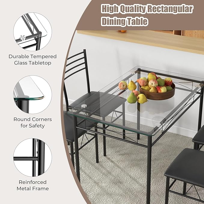Giantex 5 Piece Dining Table Set, Kitchen Dining Set with Tempered Glass Table Top and 4 Upholstered Chairs, Dinette Set for 4 for Breakfast Nook Dining Room Kitchen (Black)