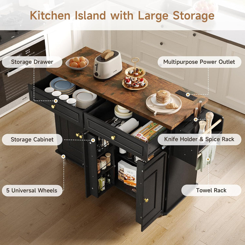 ONBRILL 58" Kitchen Island with Power Outlet, Rolling Kitchen Cart, Black