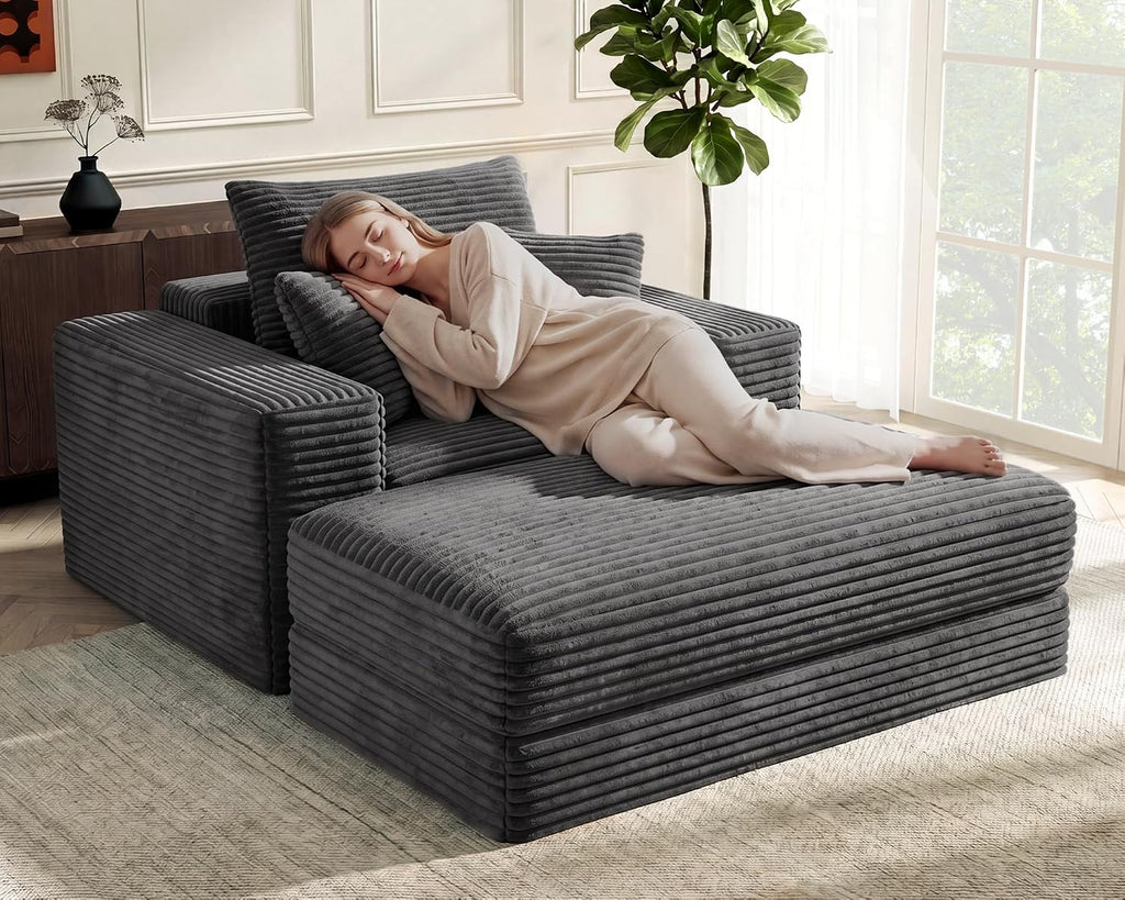 Busaurus 60'' Oversized Chaise Lounge Chair Indoor with Ottoman, Convertible Boneless Sofa Bed & Corduroy Reading Chair for Living Room & Bedroom, No Assembly Required