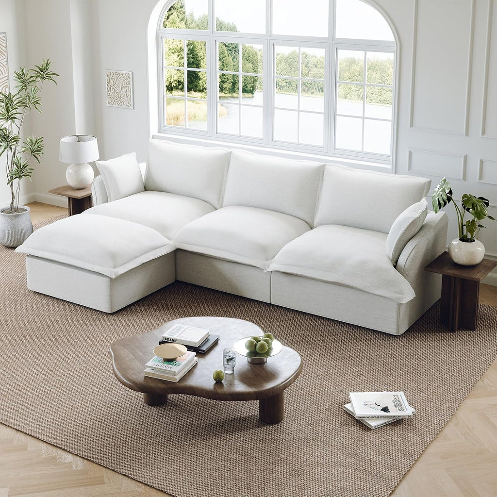114” Cloud Sectional Couch, Comfy Down Filled Modular Sectional Sofa with Washable Cover, L Shaped 3 Seater Modular Couch with Ottoman, Sectional Couches for Living Room, Cream White