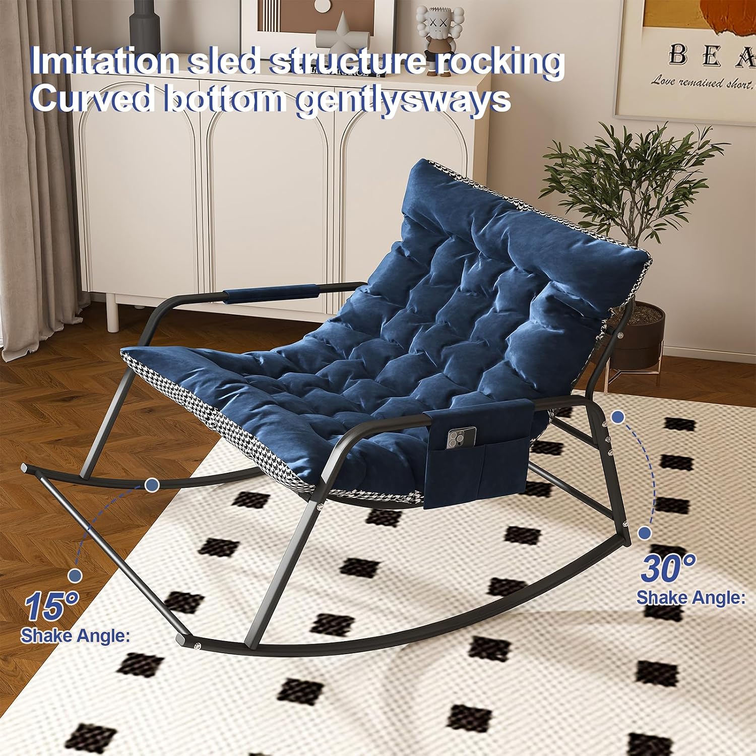 35'' Oversized Nursery Rocking Chair, Upholstered Glider Rocker Nursery Rocking Accent Chair, Recliner Armchair with Side Pocket, Comfy Side Living Room Chairs for Bedroom Nursing Room(Blue)