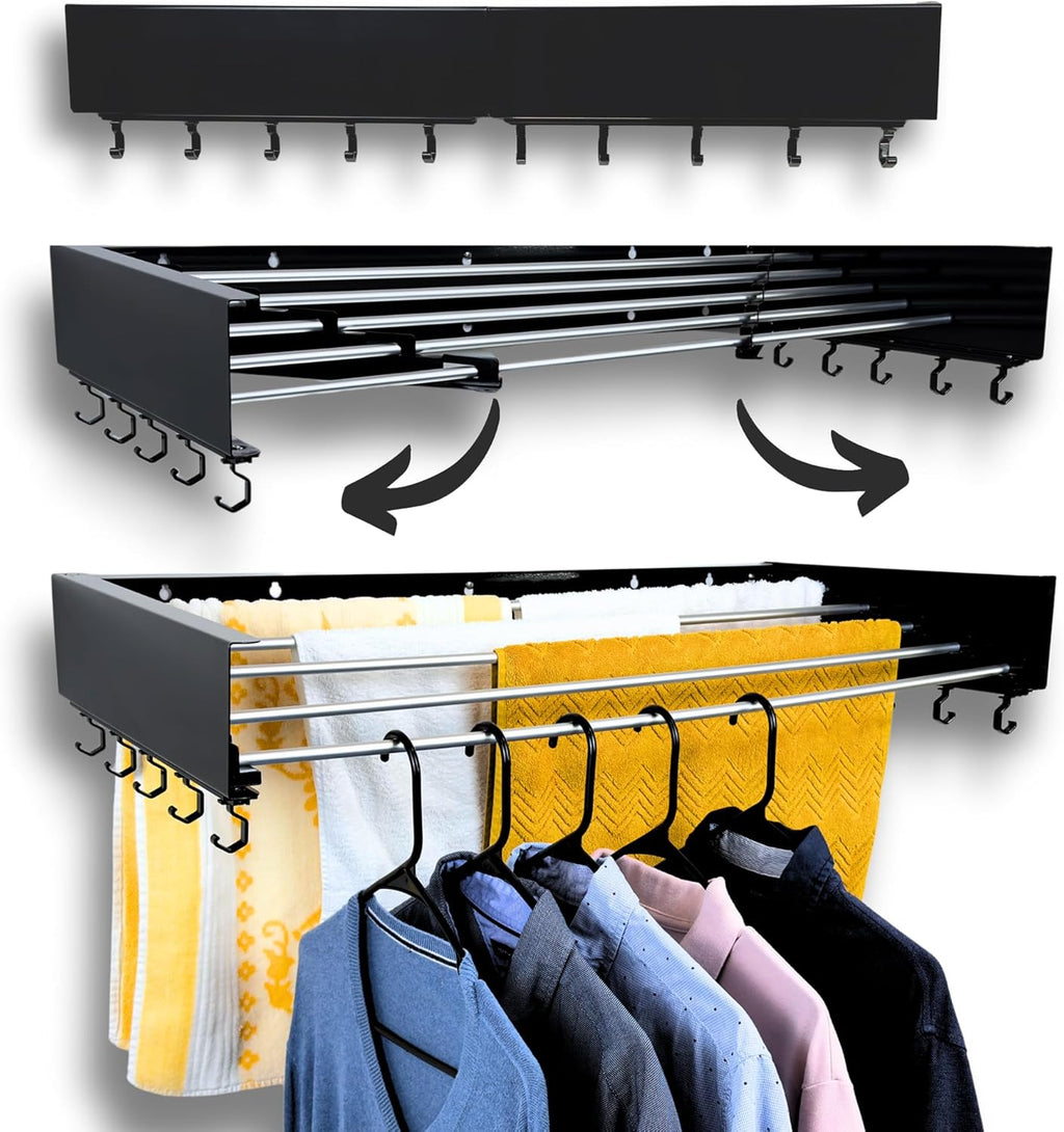 Wall Mounted Laundry Drying Rack, Retractable & Foldable, 31.5" Wide, 13.2 Linear Ft, 5 Heavy-Duty Aluminum Rods, 60 lb Capacity, Space-Saving Design, Easy Installation, Indoor/Outdoor (Black)