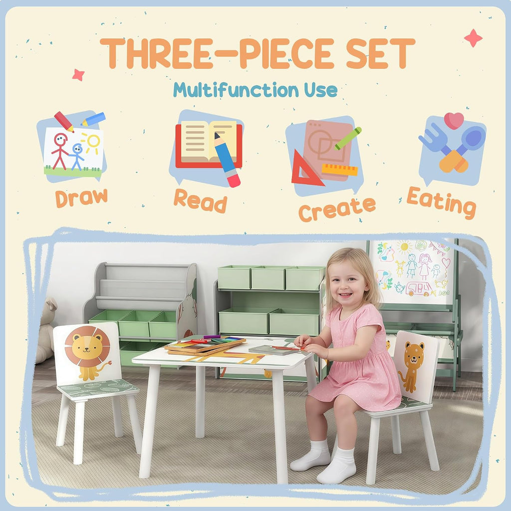 Qaba 3-Piece Toddler Table and Chair Set Animal Pattern Aged 3-8 Green | Kids Table and Chairs Set Furniture, Boys and Girls, Bedroom, Nursery, Playroom