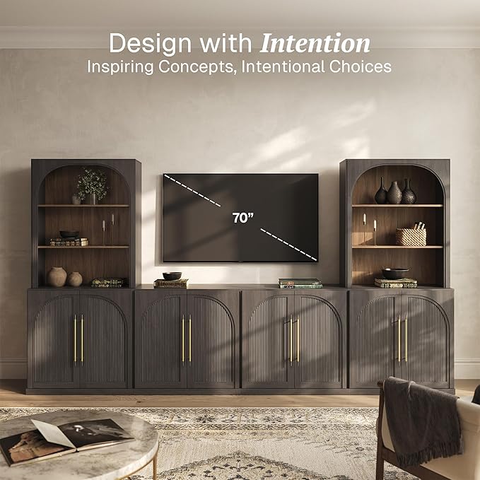 BELLEZE 6-Piece Modular TV Stand, Entertainment Center with Double-Arc Wood Door and Storage Hutch Cabinets, Classic Modern Media Console Table for Living Room Dining Room (Ebony)