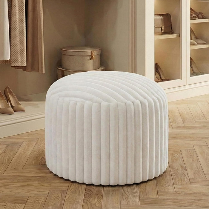 Round Stuffed Pouf Ottoman, Stripe Faux Fur Footrest, Solid Block Support+Soft Cushion Comfort, Removable Washable Cover, 20" Floor Pouf for Living Room Bedroom Dorm Vanity, Cream Beige