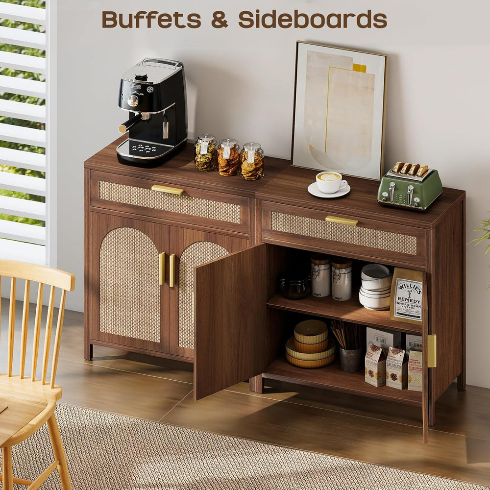 Rattan Buffet Cabinet with Storage, Sideboard Cabinet with Doors and Shelves,...