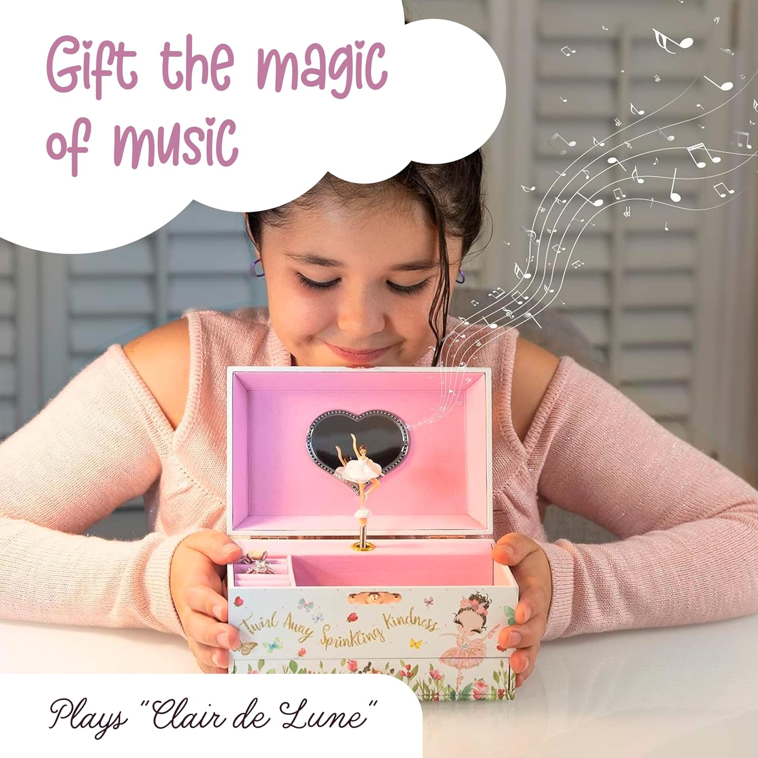 The Memory Building Co Ballerina Musical Jewelry Box Plays Classic Melody, Storage Organizer Music Box for Kids Ages 6-12, MDF Wood w/ 2 Fabric Lined Ring Bracelet Necklace Treasure Compartments