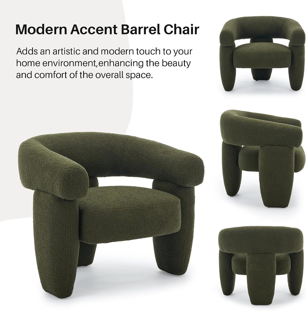 Sherpa Boucle Barrel Accent Chair, Round Armchair, Sherpa Green | Mid Century Sherpa Boucle Accent Chair, Comfy Upholstered Round Armchair with Curved Back for Living Room & Bedroom