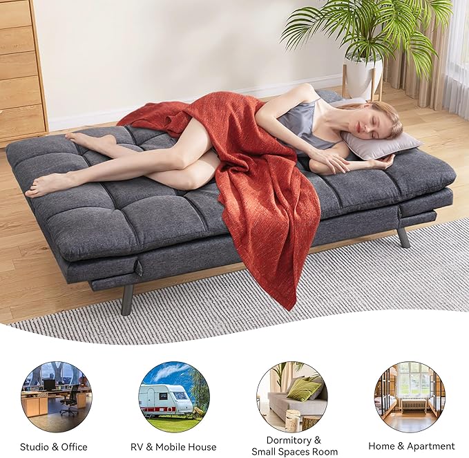 71" Convertible Futon Sofa Bed,Linen Fabric Futon Couch Bed,Memory Foam Sleeper Sofa,Modern Folding Small Loveseat for Living Room,Office,Apartment,Retro Grey