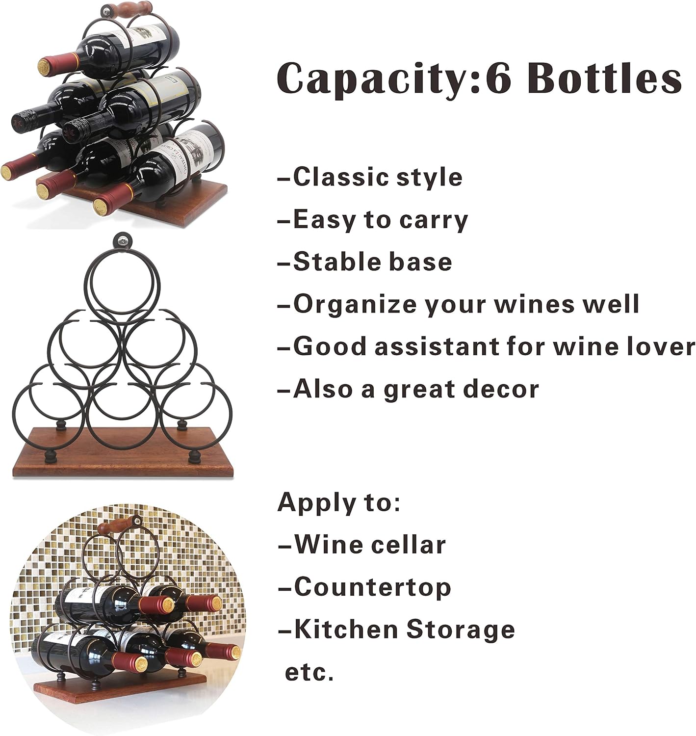 ALLCENER Countertop Wine Rack, Tabletop 6 Bottles Wood Wine Holder, Sturdy Handle, 3-Tier Rustic Classic Design, Simple Assembly, Wood & Metal (Copper)