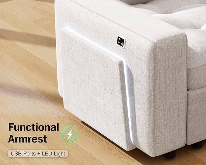 Vipbear 7 Seat L Shaped Modular Sectional Sleeper Sofa Bed with Ottoman/Pull Out Bed/Reclining Backrest/USB Ports/Table/LED Light/Storage Seat, Tool-Free Assembly, Chenille Beige