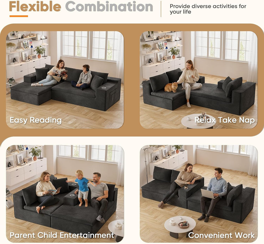 Homall 109" Boneless Couch with Memory Foam, Modular Sectional Sofa with L-Shape Chaise, Cloud Couch with Deep Seat, Dual Cup Holders & Side Pockets, No Assembly Required (Black)