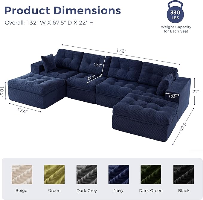 MAXYOYO 132" U Shaped Modular Sectional Sofa with 2 Ottomans, Cloud Boneless Couch with Layered Cushion, Flexible Module Combination Sofa for Living Room, No Assembly Required, Navy