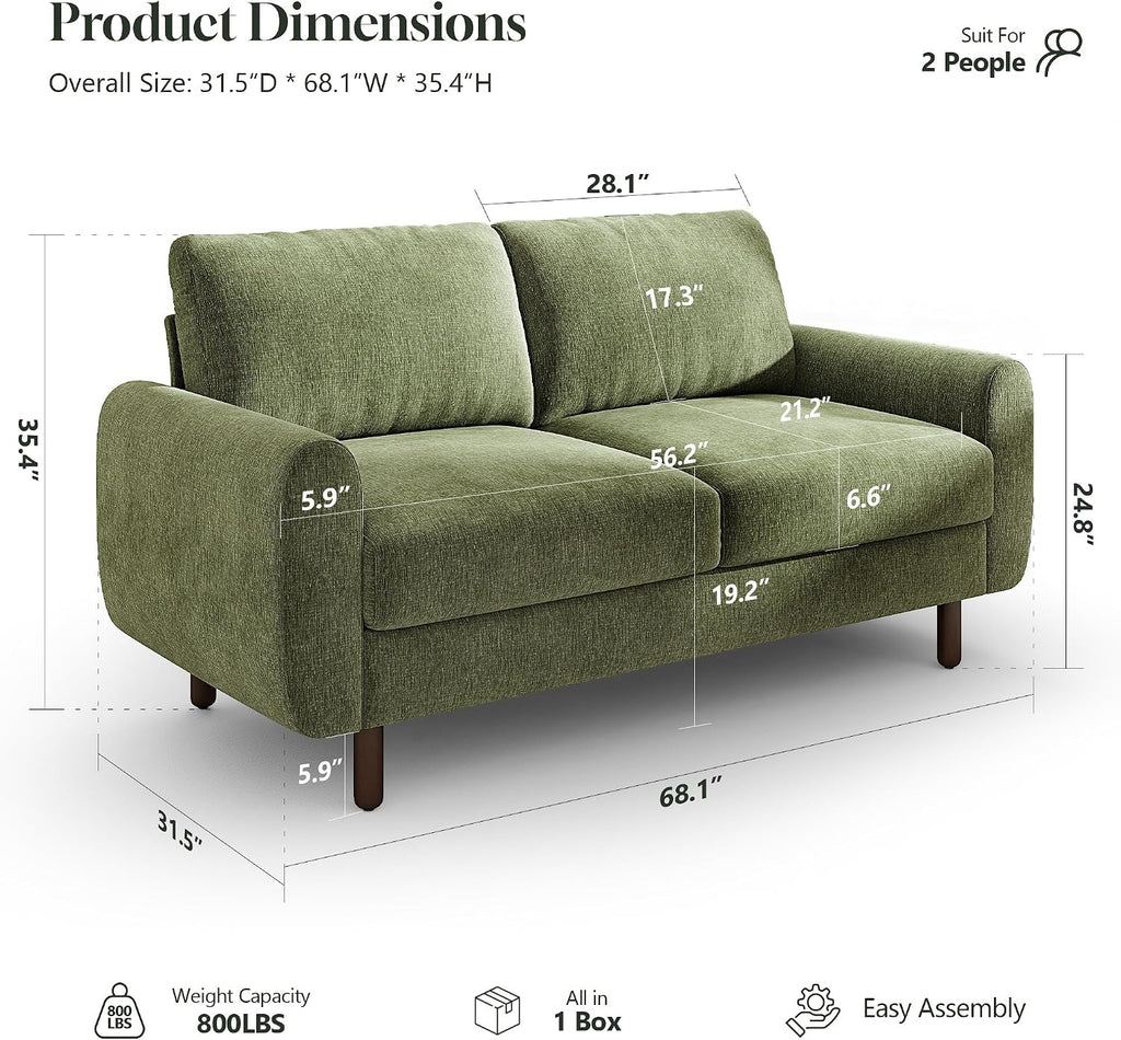 68" Loveseat Sofa, Comfy Chenille Fabric Couches for Living Room with Spring Cushion and Solid Wood Frame, Modern Deep Seat Couch for Bedroom, Apartment, Office, Easy Assembly,Green