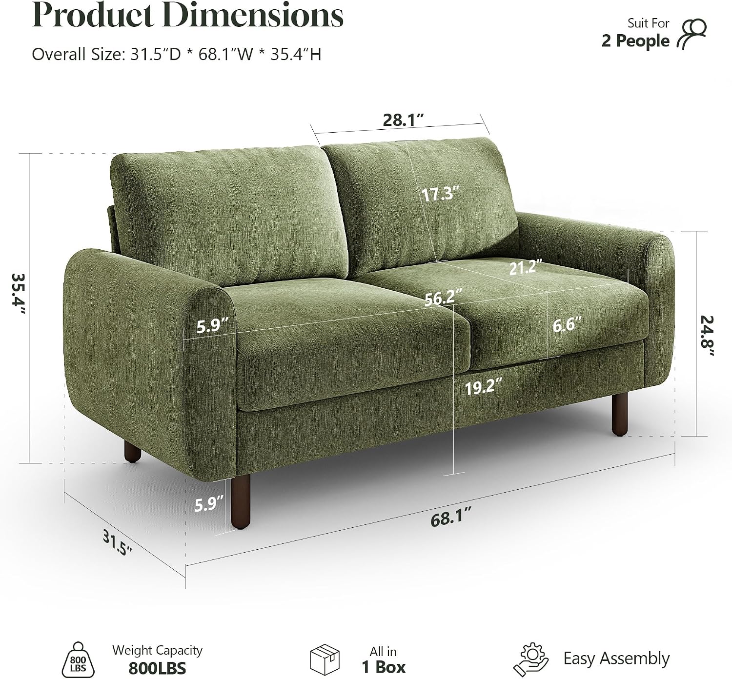 68" Loveseat Sofa, Comfy Chenille Fabric Couches for Living Room with Spring Cushion and Solid Wood Frame, Modern Deep Seat Couch for Bedroom, Apartment, Office, Easy Assembly,Green
