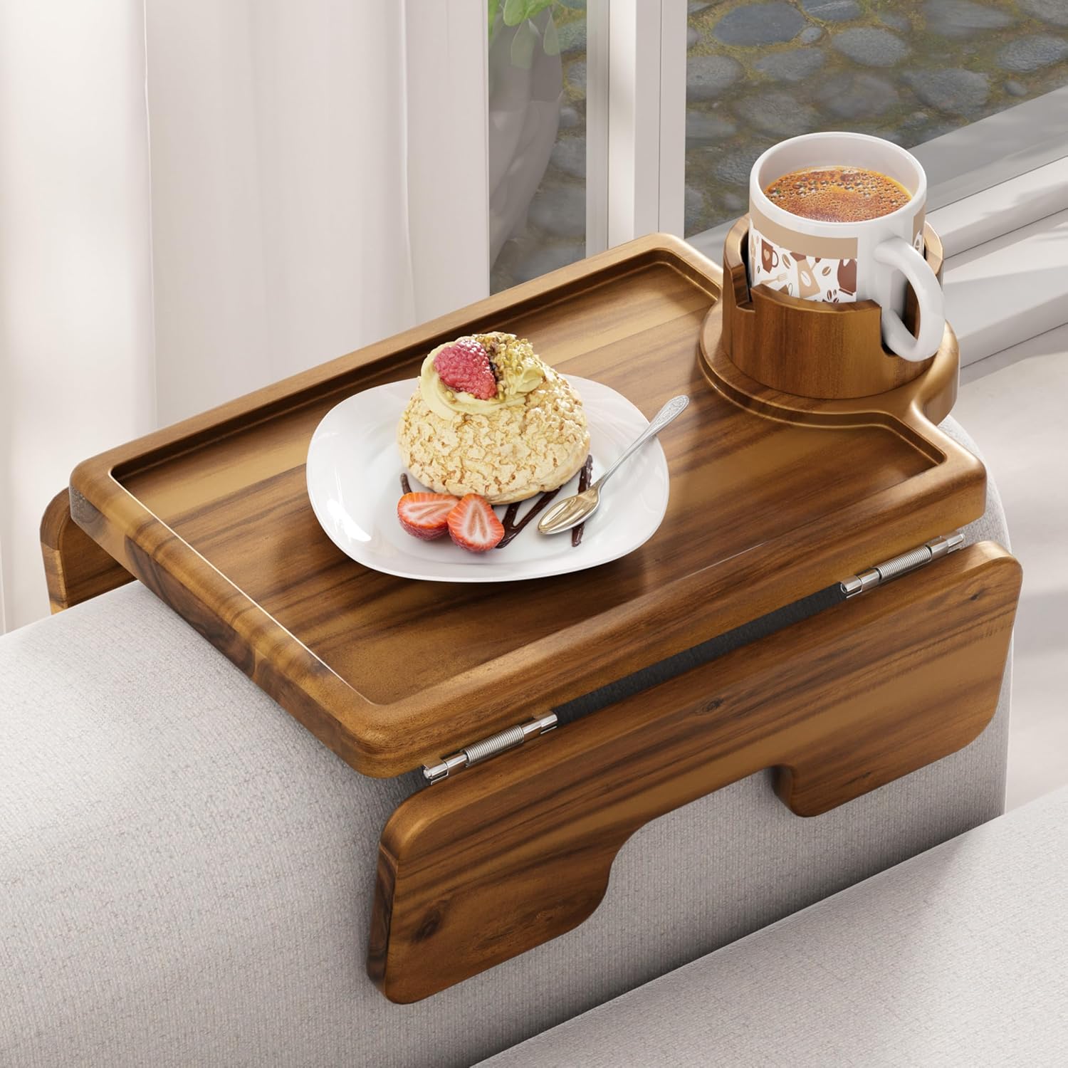 Bluewest 3-in-1 Couch Cup Holder Tray & Sofa Arm Tray, Acacia, 16 x 9.8 in | Clip-on side table with 360-degree cup holder, double SS304 hinges and non-slip design for TV dinners, remotes and drinks.