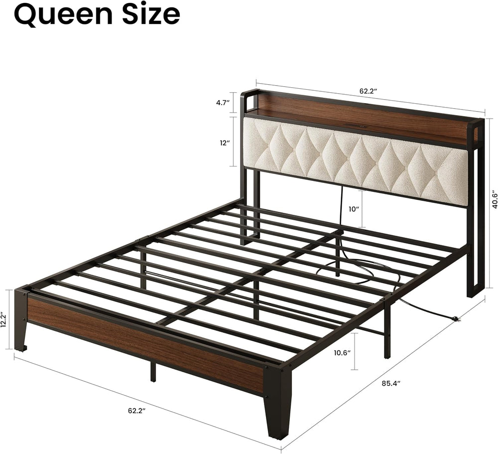 ANCTOR Queen Bed Frame with Headboard & Charging Station,Wood and Cream
